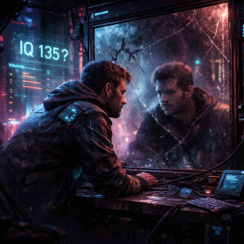Cyberpunk themed man looking in blurry broken mirror questioning 135 IQ