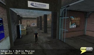Hmm... interesting place. The Slums. Mall, Cafe, Shops ... and Sex Motel? The texture looks great here. I could have sworn I've been here before. I didn't realize it was so close to my home in Higgans though. I walked up to a wierd monolith and touch it and zoom! I was here. From Dedric Mauriac via blogHUD
