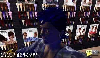I'd like to thank DrFran Babcock for sending some hair my way. Gomem Desoto directed me to some hair shops. I couldn't find Adam & Eve, but I did find Pazazz. The place is huge. There are lots and lots of walls with hair on them. I found the walls for men and started looking around. I like that I could try on Demo hair first. The textures are not good for demo hair, because it's just a demo logo (the same one on the big demo box hovering above your head) instead of something that looks like hair. Anyhow, I found some hair called digital. I picked up the blue tinted hair, but found it wasn't a dark enough blue for me. I was able to mod it to a darker blue. sweet. From Dedric Mauriac via blogHUD