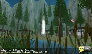 Over in Info Island, Hyduke Ebisu and Kim Anubis show me a geothermal geyser. After waiting a little bit, we saw the geysers steam go up in the air. Hayduke says that geysers are steam only - no solid water. So what you see is water in a gas state. Hmm... I always thought it was solid water exploding up. From Dedric Mauriac via blogHUD
