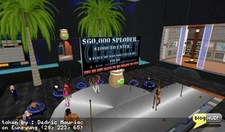 Jupiter gave me the heads up of a 60,000 L$ Sploder going on. A sploder in Second Life lets you donate to a pot with everyone else. Once a certain amount of people donate, the pot starts counting down until it explodes. Everyone who donated gets a piece of the pot. Some people get large amounts, while others get very small amounts of Lindens. Sploders are commonly up to 1,000 L$ at many parties, so this one is a huge difference. I don't like the place it was at, as it is a dancing club, but at least everyone as clothed. Framerate is slow but the good news is you can leave once you pay the pot with 1000 L$. From Dedric Mauriac via blogHUD