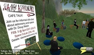 I received in invitation to Slacker Astronomy on the Picnic Hill in Space CoLab. The topic tonight is about observing from the backyard with amature clubs, and some of the best observatories in the world. Dr. Welch, is answering questions and has an extensive knowledge of supernovae, dark matter, and the LMC ... what is LMC? He's spent time on the MACHO project (not the disco song) which is Masive Compact Halo Object. Better then WIMP I guess (Weakly Interactivng Massive Particle). These MACHO are one form of dark matter. He's tried many ways to identify the question of what dark matter is. Even multiplying seven MACHOs with six WIMPs (but you wouldn't like the answer). From Dedric Mauriac via blogHUD