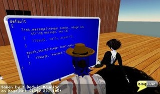 I hold a personal class for DrFran Babcock in regards to link messages. A link message allows a scripts in your objects to communicate. In this case, I was teaching DrFran how to make the eyes blink on a pet animal she made. I started out simple with the default "Hello Avatar" scripts and worked my way up to the final blinking of an eye. From Dedric Mauriac via blogHUD