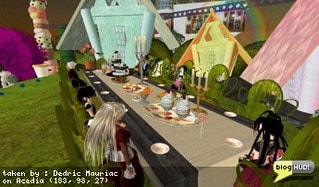 Acedia Albion, a famouse clothes designer, has acquired her own sim and has invited a select few people to join her in a Tea Party to celebrate its opening. It's a very enchanting place and goes well with the Alice in Wonderland theme. I appear to be dressed as a mad hatter. Too much arsnick. Everyone is required to dress no higher then a large tea pot that was located at her shop. Most of us are dressed as younger versions of our own avatars. DrFran Babcock created a tuxedo for me that I wore to the event. I love my gradient blues, and the tux fades in my fashionistic taste. Pretty cool outfit, I must say. From Dedric Mauriac via blogHUD