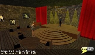 Alic White introduces me to the Paradise Blanket. This thing is amazing. About six people can sit on it and zoom up into the sky where it rezes different sceenery. My favorite is the Boom Boom Club. It's pretty detailed. The blanket demonstrates about 30 different rooms. It also has a scanner you can activate to see if anyone is comming close that shouldn't be in the area. A quick warning to stop doing what ever it is you don't want people to know about. Check this gadget out. Very interesting. From Dedric Mauriac via blogHUD