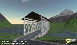 One of the main things that my wife and I want on the island of Woodbridge is ... wooden bridges. Surprised? Specifically, we want covered wooden bridges. I found a couple of images from google of how different wooden bridges look on the inside and outside. I had a few problems with the arch, but then I realized that Flexi prims could help save the day. They work great except for the fact that they tend to wiggle every now and then. If mega prims were still possible, I could probably get a custom one made of a tube on its side to help with the mapping. Other then that, I think this first build has some potential. From Dedric Mauriac via blogHUD