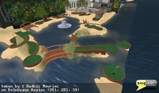 I found a nice game of mini golf over in a sim called PalmVegas Region. The layout looked very nice and a game only costs 50 L$. I was able to get a quick understanding of how to hit the ball. You wear a club and when touched, your camera angle changes overhead, and you get to control the direction and power that you hit the ball. A red pointer shows up to give you a visual idea where the ball is going and the power behind it. You walk to where your ball stopped and go again. This was all great, but often I would find myself hitting the ball so hard that it went into the next neighborhood, or it hardly moved at all. After completing the second hole, I simply gave up. From Dedric Mauriac via blogHUD