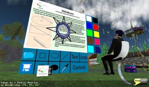 I got a message from Anthony Reisman inviting me to beta test a collaboration suite i3dNOW!. I wasn't sure what the product was exactly, but I went along and said sure. I logged in tonight and luckily enough, his reply came before my IM's were capped. Anyhow I started rezzing different objects for the instructions - a server, a white board, and then a chair. I sat down, went into mouse-view and was able to start drawing squares, ellipses, and lines just by clicking my mouse while I looked at different parts of the white board. I was even able to send myself the results as an emailed image. Whoa! From Dedric Mauriac via blogHUD