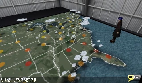 Forget those snazzy looking 3-D maps on TV. NOAA actually has a 3-D map that you can walk on. I see rite now that some clouds are over my part of the world and rain is falling on me. Those are some big rain drops! There are many other exhibits setup here that I haven't gotten a chance to see yet. Thanks goes to DrFran Babcock for letting me know about this place. And if you don't know what NOAA is, it is the National Oceanic & Atmospheric Administration. From Dedric Mauriac via blogHUD