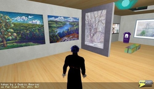 I arrived at this art gallery in the middle of a drum circle. It was beautiful to watch the dancers in the middle wave there sticks of fire before my eyes. I took a walk around the grounds and found many galleries of different artists who had their own artwork out for display. Many of the pieces can be purchased in-world to put on display in your own virtual home in Second Life. Back into the courtyard a wide range of interesting eclectic music was playing that really added to the experience when looking at different pieces. From Dedric Mauriac via blogHUD