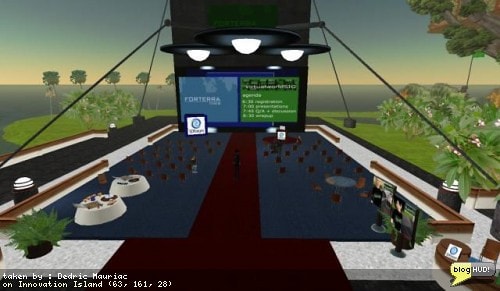 I arrived early for the Virtual World SIG with a TP invite from Acedia Albion herself. Plenty of pizza and coffee available in the back to keep us occupied during registration until the show begins. Tonights topic is hosted by Orange Montagne from the Mr O Show and is live with an actual Virtual SIG conference about Forterra Systems, Inc. who have just released there own virtual world demonstrating government applications such as training. Professions targeted are corporate, medical, entertainment, defense & intelligence, and homeland security. From Dedric Mauriac via blogHUD
