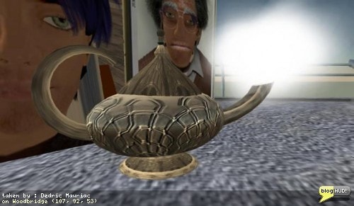 Vanilla Jessop contacted me tonight and told me about a class that she is teaching. In the class, students build a magic lamp. The reason for telling me about this is that she was using my script from DrFrans bird buddy class. This script is starting to make its way around the grid. The lamp makes use of the script to play a sound when clicked that says "Your wish is my command". Each time it is clicked, a different message appears in text chat such as - This lamp needs polishing - Would you like to trade places? - If i am cranky it is because i have been in here 2000 years People love to add witty remarks to the pet script. From Dedric Mauriac via blogHUD