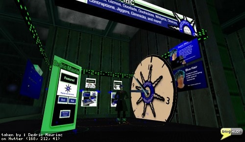 I've been gradually letting my vendor spots expire. They seem to have become ghost towns. I got an invitation tonight from Norgan Torok to setup a vendor at BreaksRadio. He was looking for people who make gadgets or are involved with music in SL. This perked my interest and I figured I'd give it a look. BreaksRadio turned out to have a nice setup. Norgan arrived on the spot and let me choose a booth. I picked one that would be seen just as you come up from the steps. I pulled out a clock that DrFran Babcock made for me a while back and resized it to be huge. Hopefully it sets off a bit of my suave tech style and gives some atmosphere to my location. From Dedric Mauriac via blogHUD