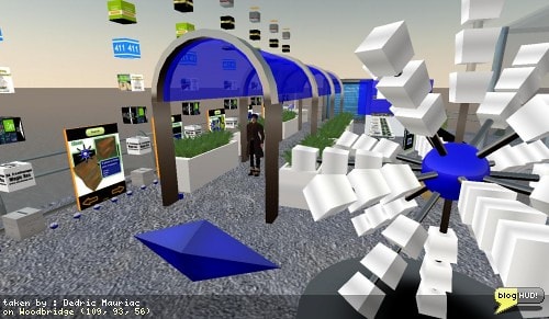 It's been a long time since I've had a shop setup to represent my swave tech theme. Today I've been starting to play around a bit to piece together some ideas. Blue, Black, White and a little green are the colors I stick with most. I've been playing Hospital Tycoon lately and I like the idea of a covered walkway leading up to the main building. It really adds to the presentation of an atmosphere to set the mood. I admit, the roof of my current store is in no way the proper place to build this up. I think I need to find some land to play on. From Dedric Mauriac via blogHUD