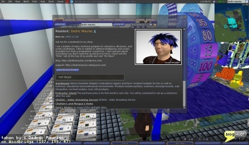 I was looking through my items listed in the search results of my parcel and noticed some small text at the very bottom: Link to this page: world.secondlife.com/place/19646d6f-3fbc-dac8-bd02- ff6344777876. I got excited and put the link in my own browser and found that I actually had a web page for my store. I searched for my own profile and found the same results: world.secondlife.com/resident/c4822e40-f763-4eec-bba3- e4bf842a074a. Now I can send links to my RL friends and say, "look, this is who I am in SL". From Dedric Mauriac via blogHUD.com