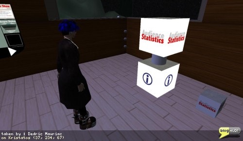 I found Rabbit Stats last night. Now I found another service called Audience Statistics. It too is a web-based reporting tool that communicates with in-world sensor objects. The sensor costs 1 L$ each, but the service is 10 L$ per day (Twice that of Rabbit Stats). Another option regarding Avatars costs 20 L$ per day. The scripts and the object itself are no- mod/no-copy. There are 10 scripts in all in this object which makes one wonder how resource intensive it is on the server. The website can't be hit either. My opinion - expensive, potential resource hog, broken. From Dedric Mauriac via blogHUD.com