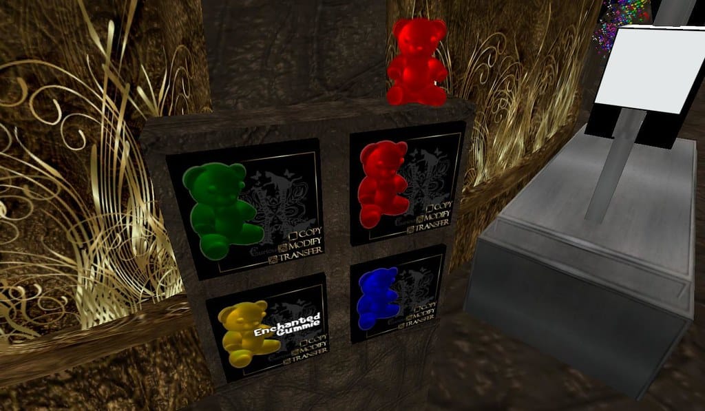 I was listing my falling leaves on SL Shopper when I noticed an ad for Gummy Bears. It looked pretty interesting and I had to check it out for myself. I arrived at Curious Kitties and immediately saw the display of bears against a wall. One of the gummy bears was out on display. These bears seem to use a different technique of cell shading that I haven't seen used before to give their gelled appearance. The best part is that the bears are really cheap. Only 10 L$. I purchased a few and handed them out to a few of my friends. I would like to see more colors like purple, black, orange, and pink. My guess is that these guys sell really well during valentines, which is just around the corner. Set them up with a box of chocolates and balloons and you got yourself setup for a romantic evening. Posted by Second Life Resident Dedric Mauriac. Visit Curious Kitties.