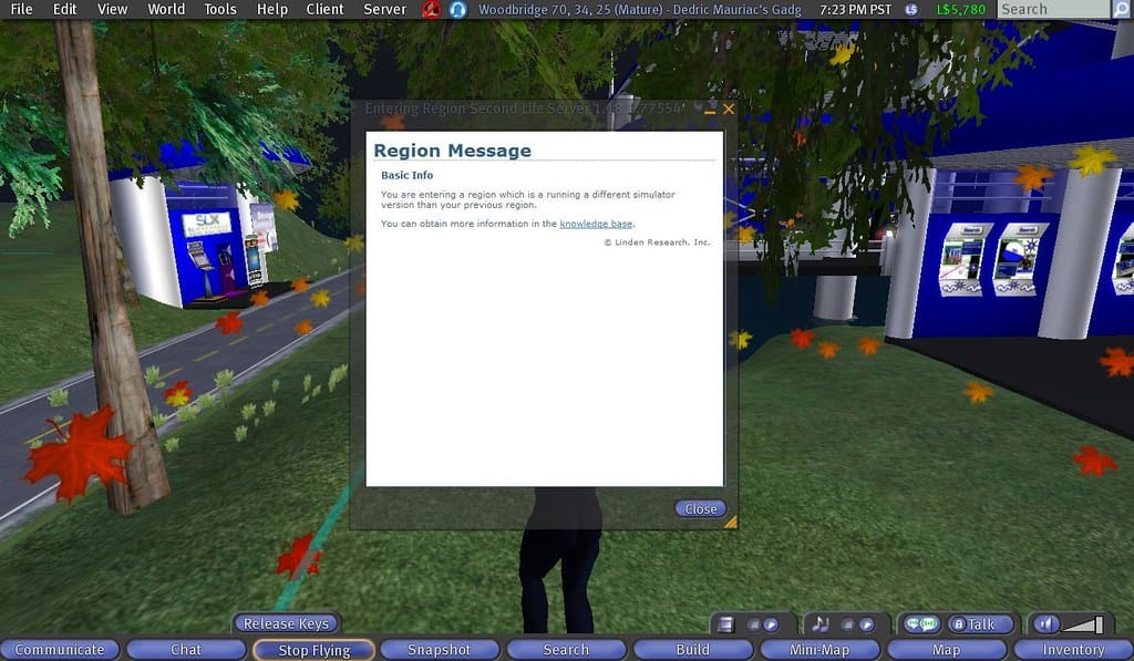 Um ... wow? I was just in a Havok 4 Simulator and teleported back home. The first thing that I saw was a Region Message. This one was not the standard ones in a blue dialog box in the upper right-hand corner. It was an actual window that appeared to be a web page. Region MessageBasic InfoYou are entering a region which is running a different simulator version than your previous region. You can obtain more information in the knowledge base. Interestingly enough, the knowledge base link doesn't work. No additional browser windows opened inside or outside of second life. (bug reporting time). What amazes me is the possiblity that the owners of the region may get control over this. Many places give you a notecard once you enter the region. The trick is to force everyone to arrive at the same location and detect their physical collision with an invisible object. With a region message like this, there are no detection objects that are needed, and you don't need to restrict people to where they enter the simulator. An added benefit is HTML. Look at the pretty colors, the sizes of the font, the link to a web page, and a horizontal rule. It all looks so much nicer then a notecard. Posted by Second Life Resident Dedric Mauriac. Visit Woodbridge.