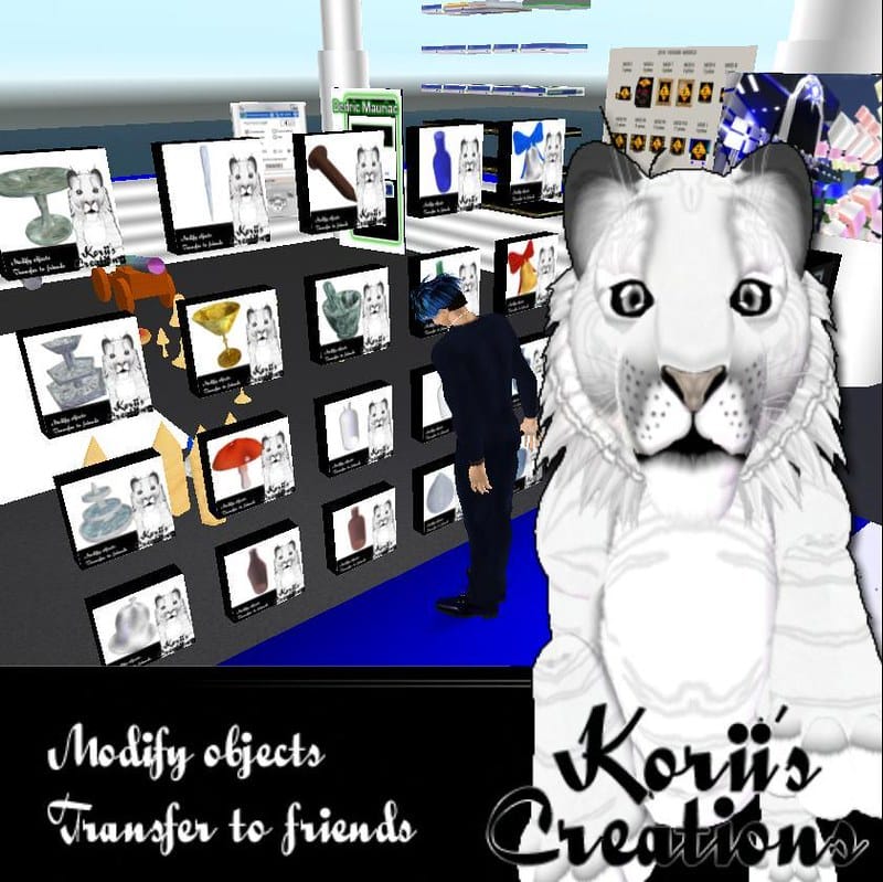 Korii Tiger dumped a lot of sculpties on me the other day and told me to sell them for her. My heart sank a little. I go through a lot of complex steps to present my products to the general public as well as creating documentation and images. I got a little smart this time with her products. She didn't need all of that fancy stuff. She just needed a quick and dirty way to sell things. I created an image for her product presentation indicating the name of the store, the permissionson her objects, and a photo of her tiger avatar. The rest of the image was transparent. After I uploaded the image into second life, I slapped it on a primand attached it to the center of my hud. I was able to navigate around with alt-zoom through the transparent portions of the image. I took a snapshot and immediately uploaded it as a 512x512. The products looked great and there was no post-processing involved. I did run into a few problems along the way. Windlight acts funny when uploading a snapshot when trying to work with 512x512 images. The "Keep specified aspect ratio" seems to be the problem. It takes the actual 512x512 pixel size seen on the screen rather than resizing my snapshots to 512x512 from the full screen. I had to take all of the snapshots with the regular release candidate viewer. The prim attachment was fairly simple. I have a widescreen laptop, so I couldn't stick with a simple prim of 1 meter square. I made it two meters by one meter and then tapered it 50%. I made the extra sides black. They are not seen anyway since I used the aspect ratio checkbox and the center face was an exact square. I had a bit of problems with the texture trying to wrap to opposite sides as well, but I ended up just setting both the horizontal and vertical repeats per face to 0.98. Otherwise a little bit of white from the tiger on the right hand side would show up on the left edge. For each product, I rezzed it in a light box made of three prims. Each prim was set to white, a blank texture, and full bright. In no time at all, I had 20 objects packaged up with pictures all taken in-world. Preparing images for my own products usually takes about an hour with all of the post processing work. I wish I had thought of this sooner. Now comes the hard part. Determining how much these things are worth. Most are simple one-prim sculpties. I believe it is time to do a little research. Posted by Second Life Resident Dedric Mauriac. Visit Woodbridge.
