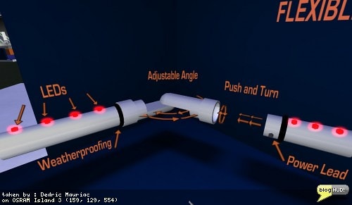 I originally created a 3D model of just the joint connecting with a strip of LED lights. Later I added an additional strip that was not yet connected and had arrows indicating that you should put and turn the piece into place. Things continued to progress over time. In the end, I had some text explaining each feature such as weatherproffing gaskets, leads to let the power flow through the pieces, LED's, an adjustable angel, and the actual words, "Push and Turn". The new Glow feature in the windlight client really helps make those LEDs glow. I doubt that any of the judges will be using the windlight client. Hopefully the pictures I sent in will help them see the lights glow. From Dedric Mauriac via blogHUD.com