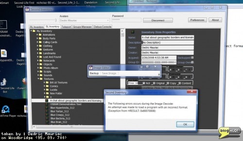 I have been having problems running Second Inventory when it comes to viewing images. The author has been trying to work with me trying to find out why my computer has problems. It turns out that he found a few articles relating to programs running differently on the 64 bit platform when they are marked as compatable for any CPU. Apparently, one of the references that he uses is only compatable with 32 bit mode. The fix is simple. He just needs to change a setting in his program to force my operating system to run it in 32 bit mode. It seems that an a From Dedric Mauriac via blogHUD.com
