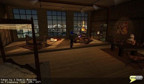 I was taking a look over at Daikon Forge's blog where they spoke about a loft by Ravish Tyne. The screenshots were interesting and I had been considering renting out some skyboxes in woodbridge. I wasn't there long before I just had to get one for a cool 1500 L$ (Copyable). The baked in lighting is a treat to look at. The sceenery outside can be changed to many different cities. Just after my purchase, Ravish Tyne contacted me herself to say thanks. From Dedric Mauriac via blogHUD.com