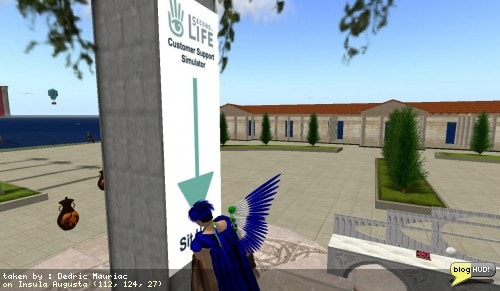 Most of the places for the concierge party had signs advertising second life customer support simulators. A arrow pointed down to the phrase - sit here. Sitting down resulted in your avatar repeatedly banging its head against the sign. I got a great kick out of this one as a silly gag. From Dedric Mauriac via blogHUD.com