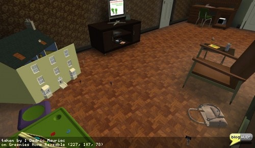 I was looking around the rezzable sims on the map and found a sim dedicated to Greenies. I arrived in what appeared to be a cave. I walked through it and entered a house. I walked through and discovered it was actually a doll house and that I was not in a giant room. Wow. Pretty cool. I was actually walking under the big house when I arrived. From Dedric Mauriac via blogHUD.com