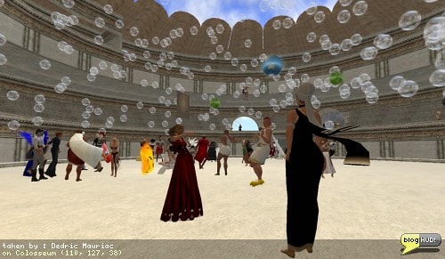 Dancing the night away, somoene let off some bubbles. Most of us saw gray everywhere at first until the images rezzed. A few people try and skin down as much as I have with my 300 sparta avatar. My thong seems to be winning in the competition. One person was curiouse about how I held the material together. My reply was hair glue. There is nothing like Kinky Kathy's Hampshire Hair Glue to keep prims attached so that they don't fall off. Not good on hair only - but just about everything! From Dedric Mauriac via blogHUD.com