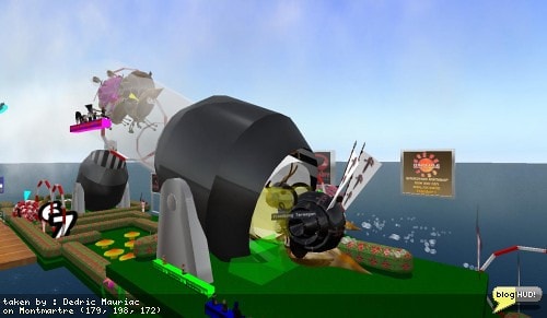 The cannons on the race course shoot the giant snails to the next part of the course. The racers sometimes end up falling off of the edge of the course. Wiz Nordberg gives us some intersting facts that a real life snail has been clocked at a speed of .013 miles per hour. Giant snails in second life are much quicker. From Dedric Mauriac via blogHUD.com