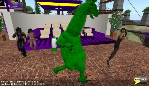 I've noticed one of the neighbors here has started to sport a llama avatar. The difference from other four legged avatars in Second Life is that Razzap is an alien. To go along with his alienistic style, his llama is green.He also sports a hip rocket pack on his back to assist in flying. The funniest part of this guy is that he can spit just like a llama. He gets everyone running in good humor when people start to make comments asking if he can spit just like a llama. He has antennas behind his ears so he can talk with other space llamas. From Dedric Mauriac via blogHUD.com