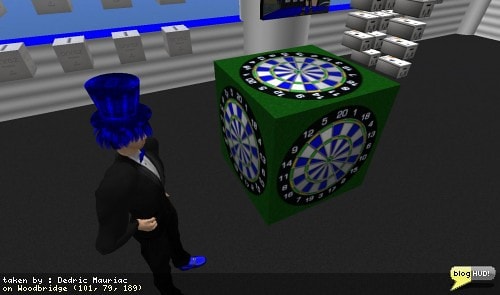 I've been playing a lot of Grand Theft Auto IV lately. One of the mini games within the game is playing darts. To be honest, darts in GTA is way too easy to play. It had me thinking about making a game of darts within SL. I figured as long as I could get the x/y position of where a dart hit an object, the rest would be some simple trigonometry to determine what area was hit. Unfortunately, collisions don't provide a method in which the x/y position was collided with, or the face that was hit. There is a dection available on the objects position, but it is based on the center of the object rather then the point of collision. Rotating the dart board at odd angels makes the problem worse. From Dedric Mauriac via blogHUD.com