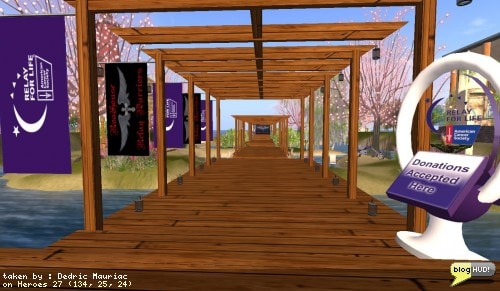 A nice serine environment. Environmental sounds can be heard with the wildlife that nature has to offer. The docks make for a nice place to sit down and dangle your feet in the water. The Relay for Life of Second Life main event is going on this weekend. Here is a picture from one of the places along the track. You can make a web donation to my team - Take THAT, Cancer! through our teams page at The American Cancer Society site. From Dedric Mauriac via bloghud.com