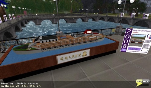 This model of the 3-sim SS Galaxy is up for bid. The Relay for Life of Second Life main event is going on this weekend. Here is a picture from one of the places along the track. You can make a web donation to my team - Take THAT, Cancer! through our teams page at The American Cancer Society site. From Dedric Mauriac via bloghud.com