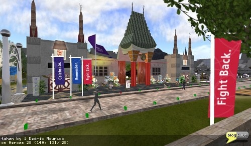 The Spirit Chasers website have a building setup like Grauman's Chinease Theater. The Relay for Life of Second Life main event is going on this weekend. Here is a picture from one of the places along the track. You can make a web donation to my team - Take THAT, Cancer! through our teams page at The American Cancer Society site. From Dedric Mauriac via bloghud.com