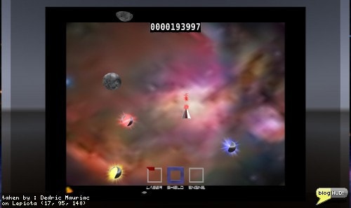 Besides playing a game of pong with Talia, I spotted a Komikaze game in the center of the room. It plays just like asteroids. You have a ship that you pilot around and have to shoot asteroids and fireballs. I lasted for a while and after my ship blew up in the end, the chair that i was setting in blew up as well as I was ejected out of it. I got a kick out of that. From Dedric Mauriac via bloghud.com