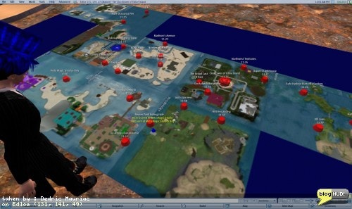 Crap Mariner has really brought the community together at the five islands by creating a boat on a predefined path. Each region has a few docks that the boat stops at. His latest feature to the system was to create a miniature map that displays the boats current position.He and I talked for a while and he provided me with details regarding the API. I started working on a billboard that can be displayed at each dock that would be able to state the location of the boat as well as estimating how long before the boat will arrive. The boat takes about an hour to make a full round. This will help people to be aware of how long they may wait before getting a ride. From Dedric Mauriac via bloghud.com