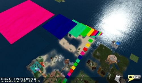 I have often designed buildings on simulators so that an image appears on the map of the region. I am a bit curious as to the maximum height of prims that are renered. I've noticed that skyboxes and other buildings that are up high are not displayed on region maps. For a little test, I've created a ton of colored prims at different heights of 10 meters each. Since Philip modified the region map generation code, it may only take 2 days before I see some results. From Dedric Mauriac via bloghud.com