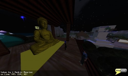 Flix Saiman found an interesting Buddha at Valkyrie Manor in Lime. He explained to me that he first through it was a sculpty until he took a closer look. It turned out to be 39 layers of contoured textures setting in front of the next to give the appearence of a 3D object. It was a bit impressive to look at how it was put together. Alpha clipping didn't seem to be much of a problem either. We could get about a 90 degree viewing angle before the Buddha became distorted. The creator is listed as Grocon Emoto. From Dedric Mauriac via bloghud.com