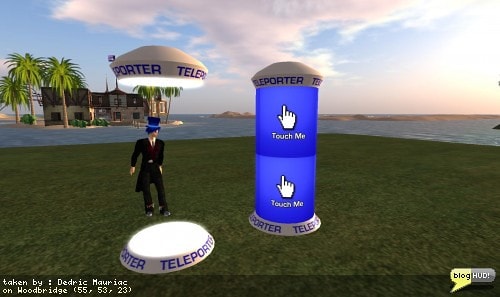 After moving the ships bridge out of the way into the sky, I came to the realization that I needed a teleporter. I broke out my old sim teleporter and started working on it to resemble something that you stand in. I'm separating the center piece so that another one may be rezzed as soon as the first one is launched rather than waiting for its return. This would help crowds to move to their destination quicker. I am also working on setting them up to detect all teleporters within the region so that setting them up to teleport to each other doesn't require any manual interaction. The sim teleporter transports distances greater than 300 meters faster than other long range teleporters. From Dedric Mauriac via bloghud.com