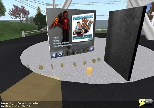 After New World Notes wrote a story about a college professor designing an giving away a game kit, I headed on over to the location and picked up a copy. It gives some basic functionality, but can be customized. You basically run around collecting tokens and try to avoid traps which end up taking a few coins from your pouch. Once you have collected enough coins, you find a prize board to view a few slides, and then answer questions on a quiz. Get all the questions rite and you can collect a prize. Collect enough prizes and you can win the game by checking your score on the final score reporter object. From Dedric Mauriac via bloghud.com