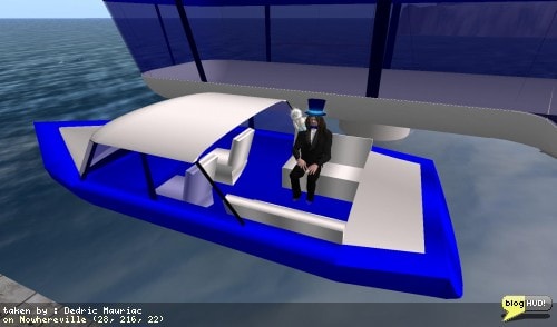 I was having difficulty understanding how to sail a flying Tako. I had made a note to myself to just build a speed boat so that driving would be a bit more simpler since I wouldn't need to worry about wind direction. I created a mockup of the motorboat with just 20 prims. Again, it's got that blue and white theme to it that I always like to use. Now I just need to script the sitting positions and give it an engine to propel it forward. From Dedric Mauriac via bloghud.com