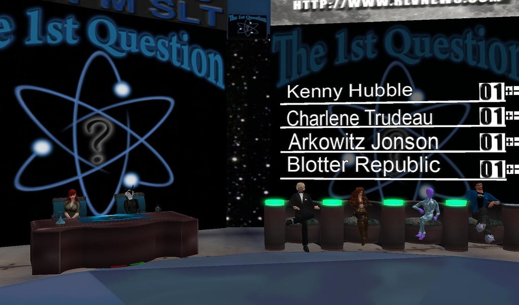 Another show of The First Question is about to begin staring Pooky Amsterdam and Hydra Shaftoe. Tonights special guests are Kenny Hubble, Charlene Trudeau, Arkowitz Jonson, and Blotter Republic. For anyone who can't make it to the location in-world, the show can be watched live on the web at www.treet.tv. Posted by Second Life Resident Dedric Mauriac - Visit Spindrift ––– Crosspost by Koinup - original here