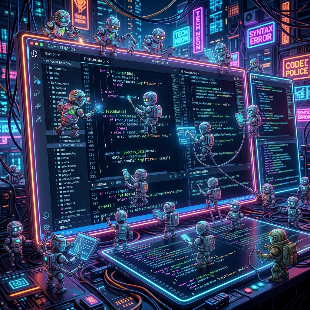Small robots reviewing code on multiple futuristic computer screens