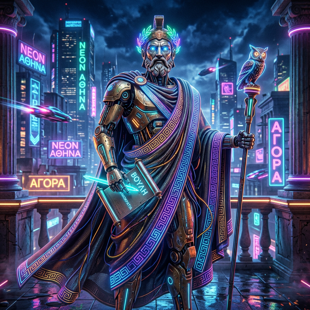 Armored Greek-inspired guardian holding staff amid neon signs reading NEON ΑΘΗΝΑ and ΑΓΟΡΑ