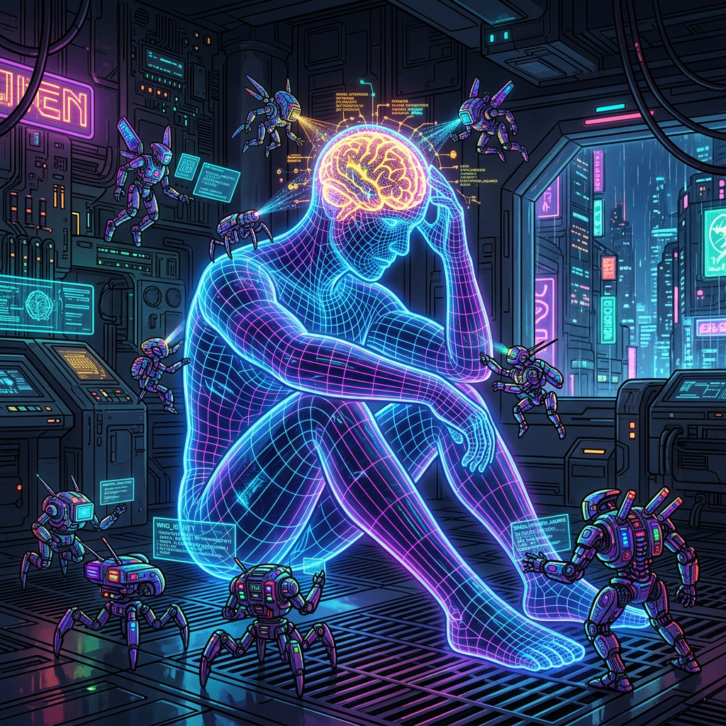 Glowing wireframe human meditating among robots in a futuristic laboratory