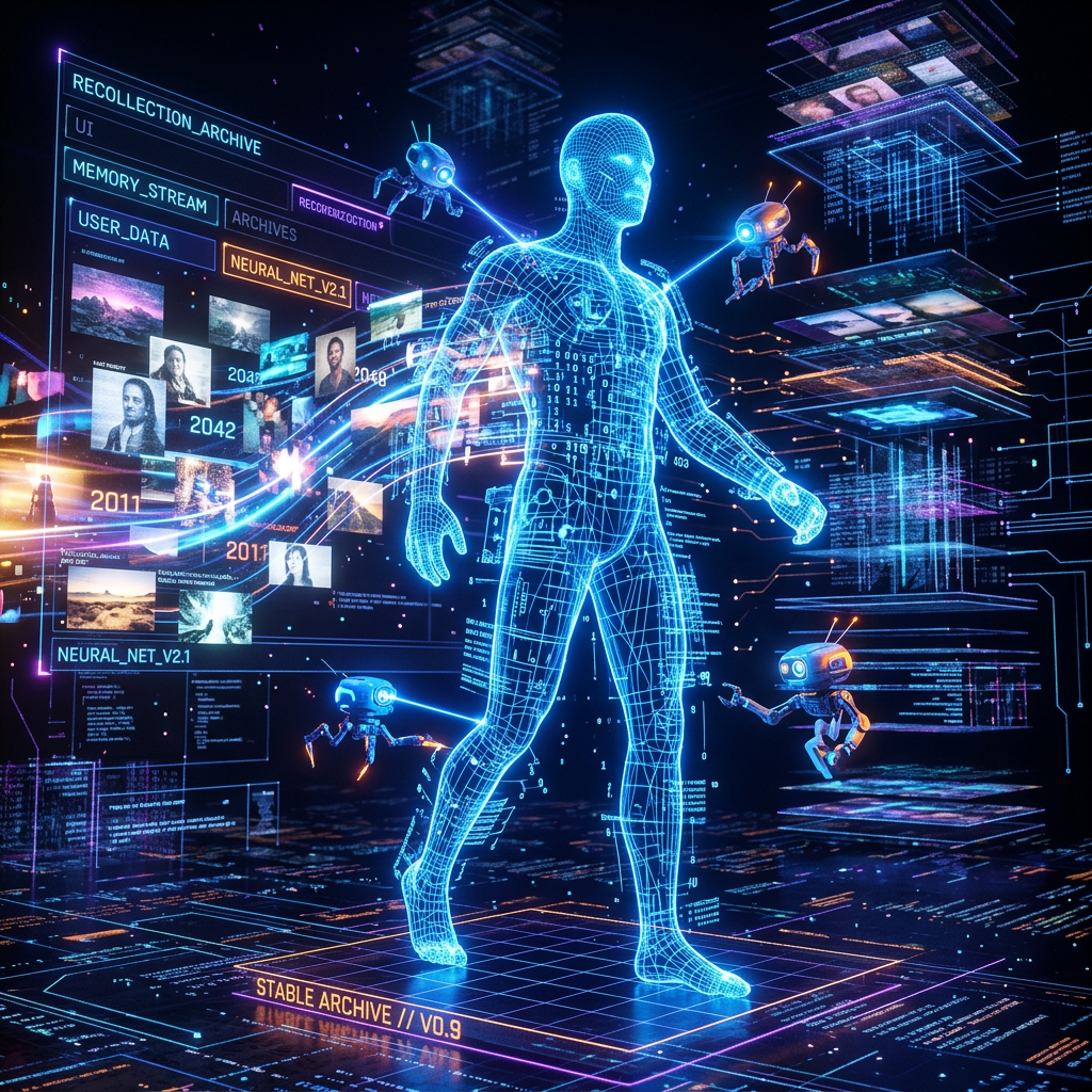 Glowing wireframe humanoid surrounded by memory archives, data panels, and small robots