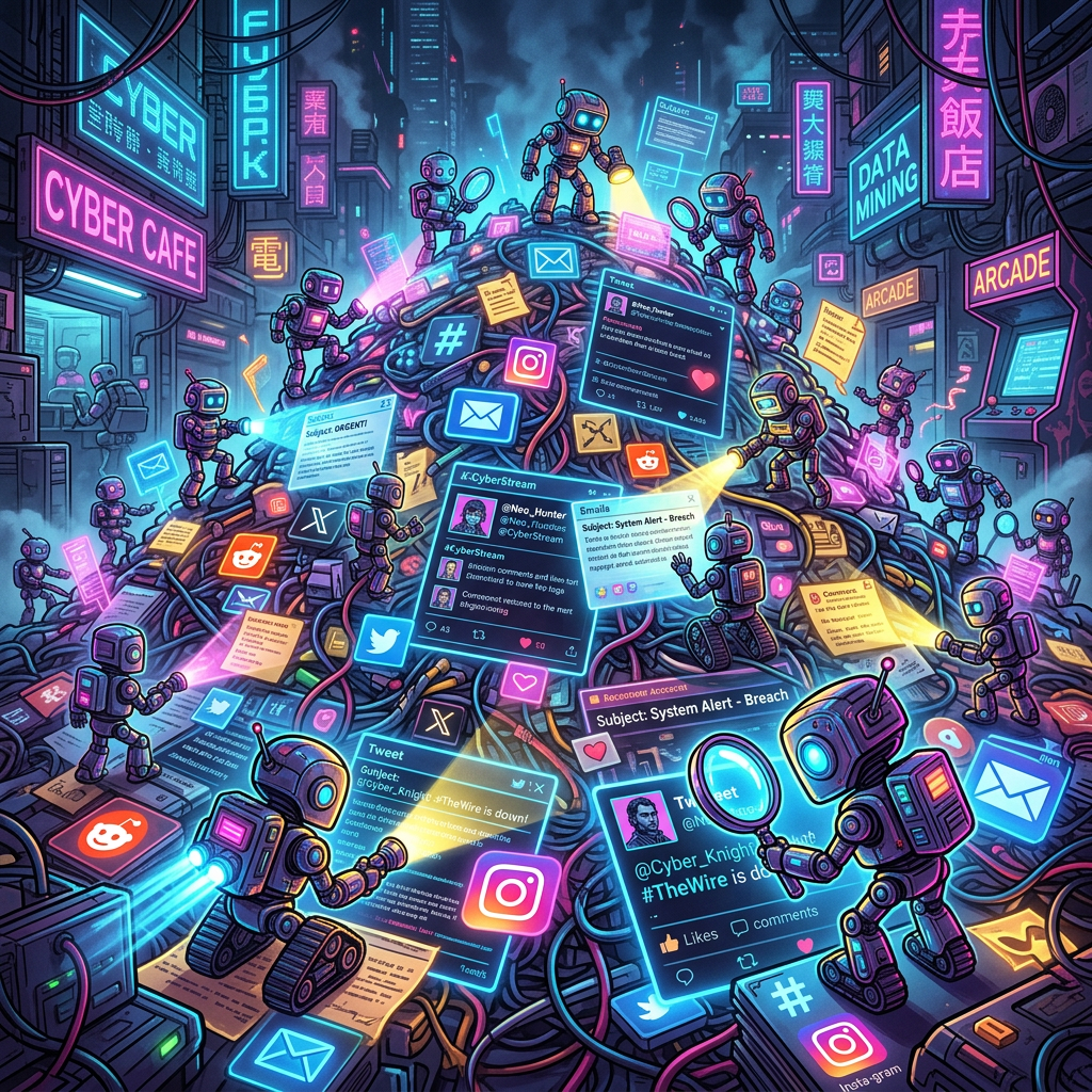 Small robots interact with glowing social media posts in a neon cyberpunk city