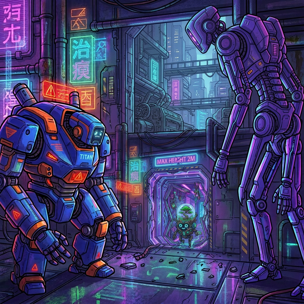 Two robots flank a glowing doorway containing a smiling bonsai robot