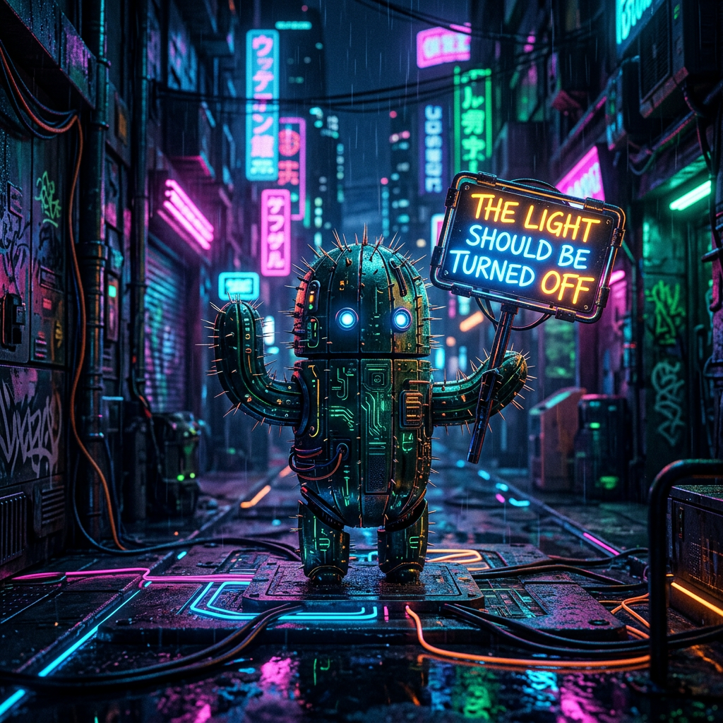 Spiked cactus robot holding a sign reading “THE LIGHT SHOULD BE TURNED OFF”